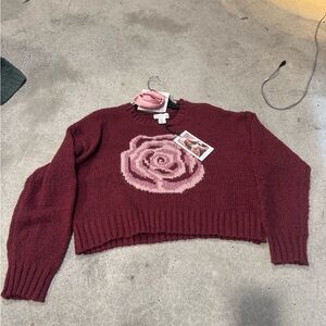 Sincerely Jules Burgundy Sweater with Pink Rose
